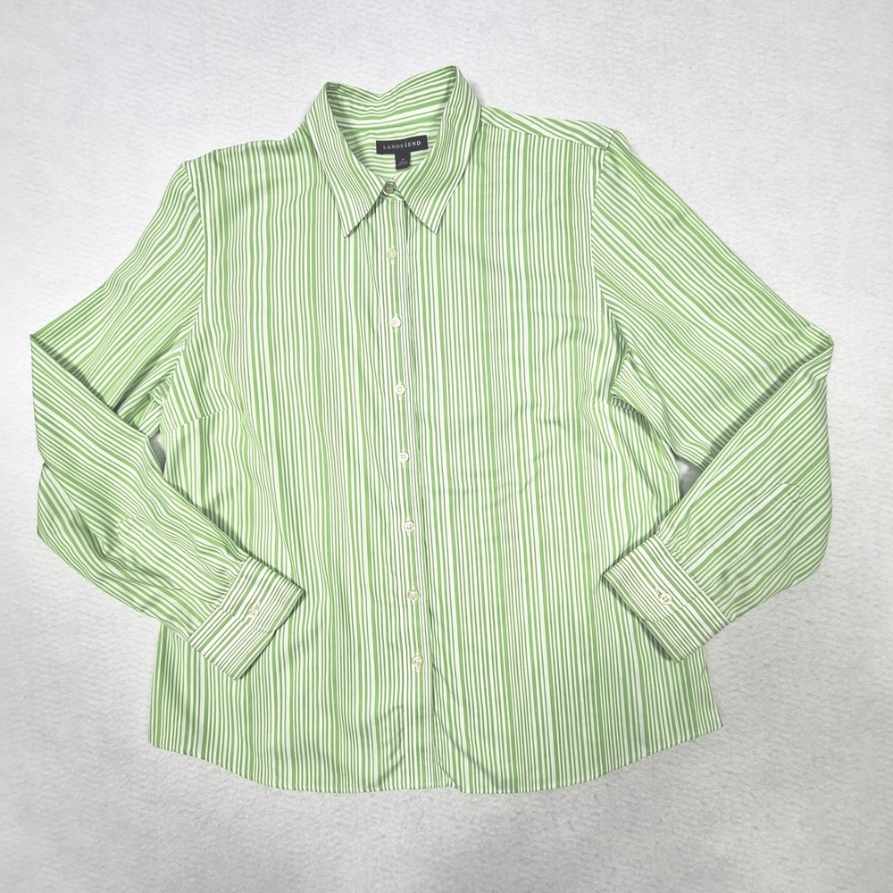 Lands End Button Down Shirt Womens 14 Green Striped Long Sleeve Cotton Classic
